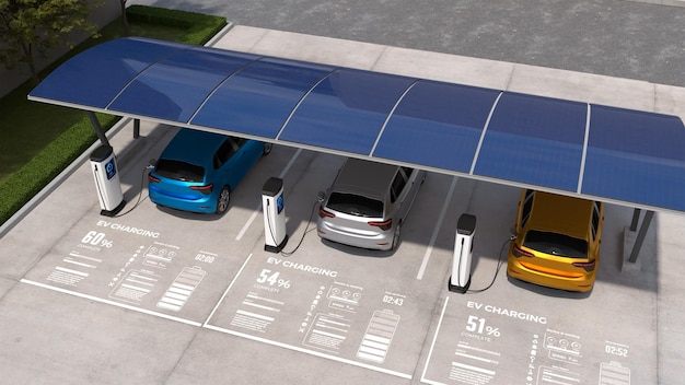 Free photo electric cars are being charged in vehicle parking with solar panel energy