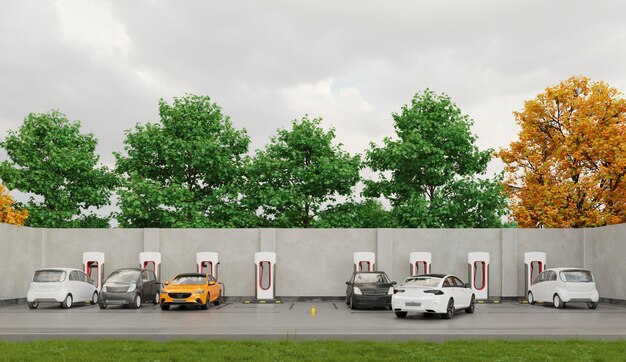 Electric cars in parking lot charging