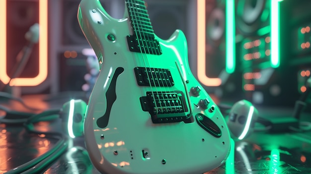 Free photo electric guitar with neon light