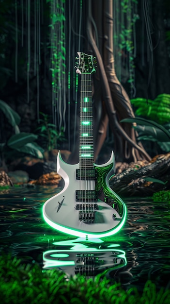 Free photo electric guitar with neon light