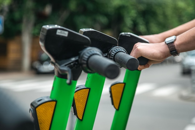 Free photo electric scooters in a city are available for rent close up