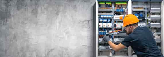 Free photo electrician working in switchboard with electrical connection cable copy space