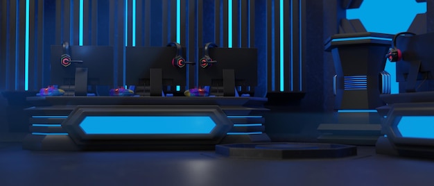 Electronic sports championship with computers 3d illustration