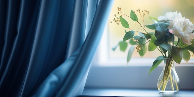 Free photo elegant blue drapes surrounding a window