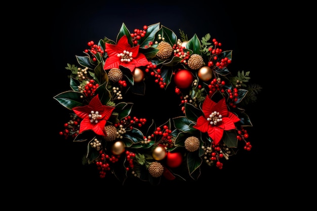 Free photo elegant christmas mistletoe wreath with poinsettias and golden balls on a black background