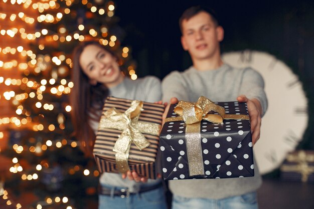 Elegant couple at home near christmas tree