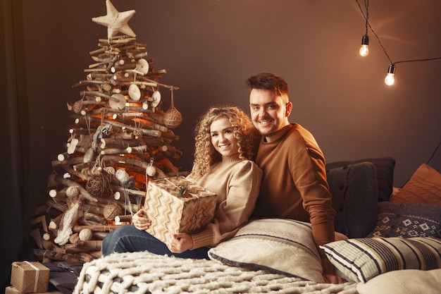 Elegant couple sitting at home near christmas tree