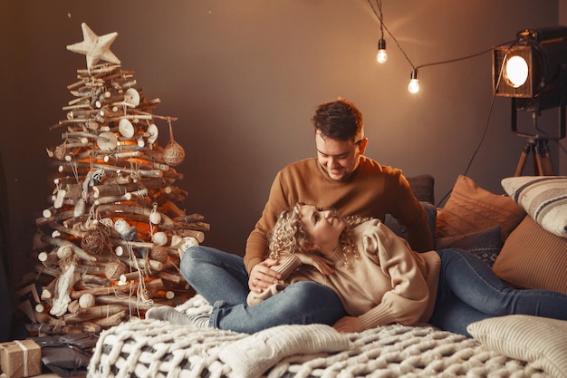 Elegant couple sitting at home near christmas tree