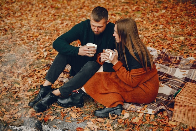 Elegant couple spend time in a autumn park