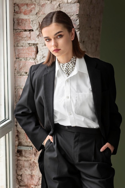 Free Photo elegant female model posing in a jacket suit with a tie. new feminity concept