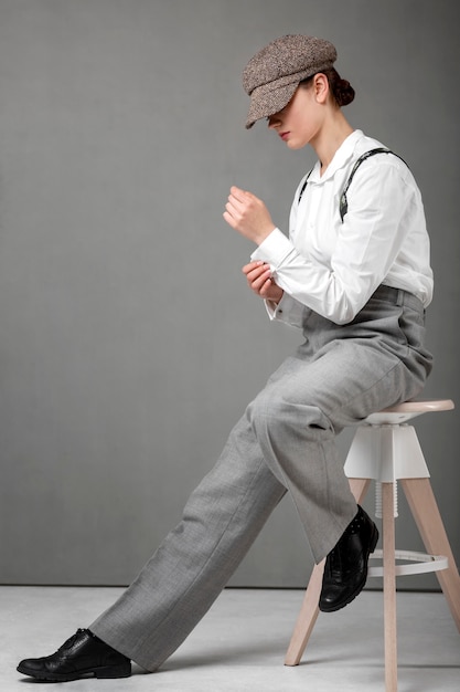 Elegant female model posing in a stool in elegant white shirt and suspenders. new feminity concept