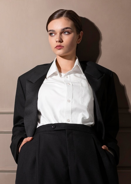 Free photo elegant female model posing in studio in jacket suit. new feminity concept