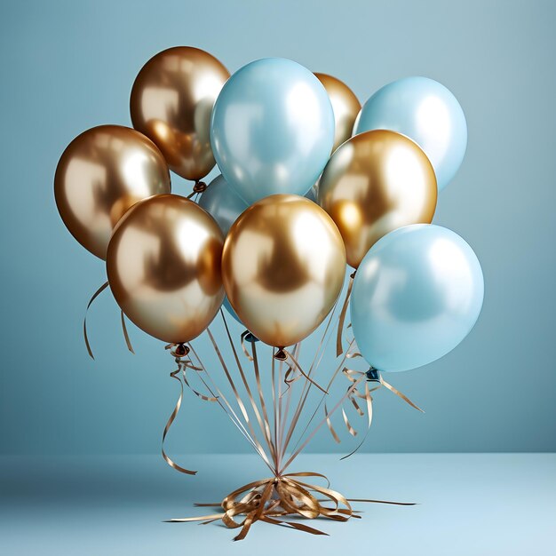 elegant gold and blue balloons in light blue background