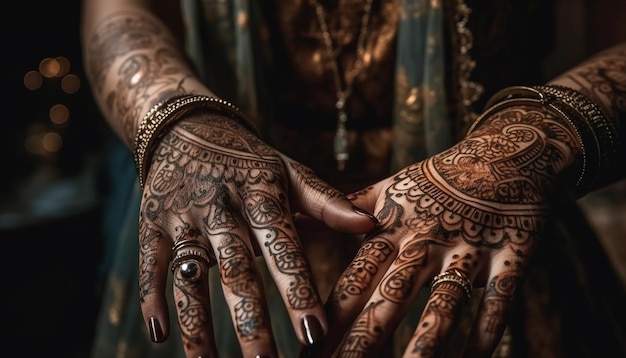 Elegant henna tattoo decorates young bride hand generated by AI