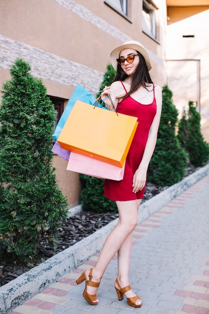 Elegant model after shopping posing at street