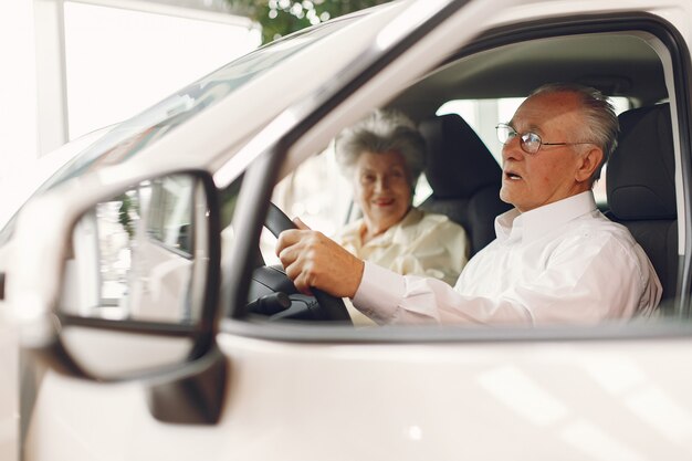 Elegant old couple in a car salon