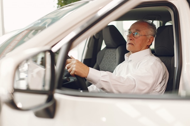 Elegant old man in a car salon