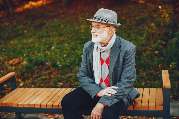 Free Photo elegant old man in a sunny autumn park 