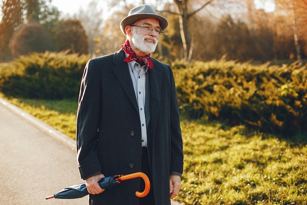 Free Photo elegant old man in a sunny autumn park 