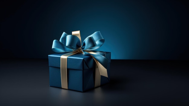 Elegant small gift box with a blue ribbon positioned on a dark blue surface