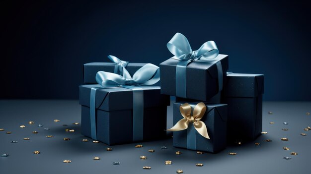 Elegant small gift box with a blue ribbon positioned on a dark blue surface