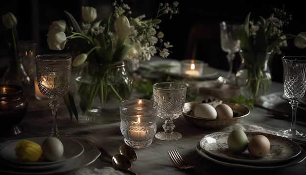 Elegant table decoration with candle wine and flowers generated by AI