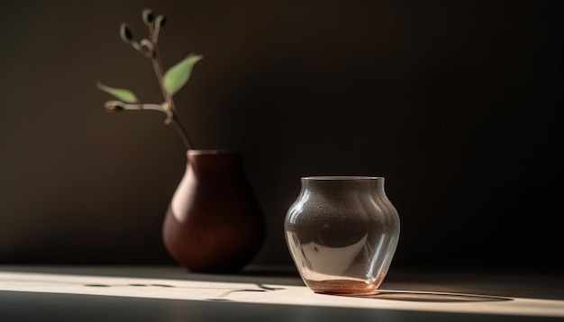 Elegant vase on wooden table with reflection generated by AI