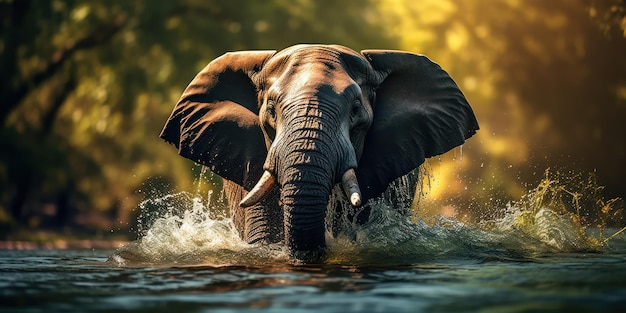 Free photo elephant joyously sprays water with its trunk cooling off in a lush river habitat