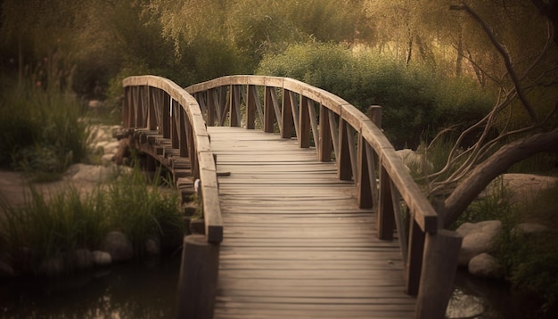 Elevated plank bridge reflects beauty in nature generated by AI