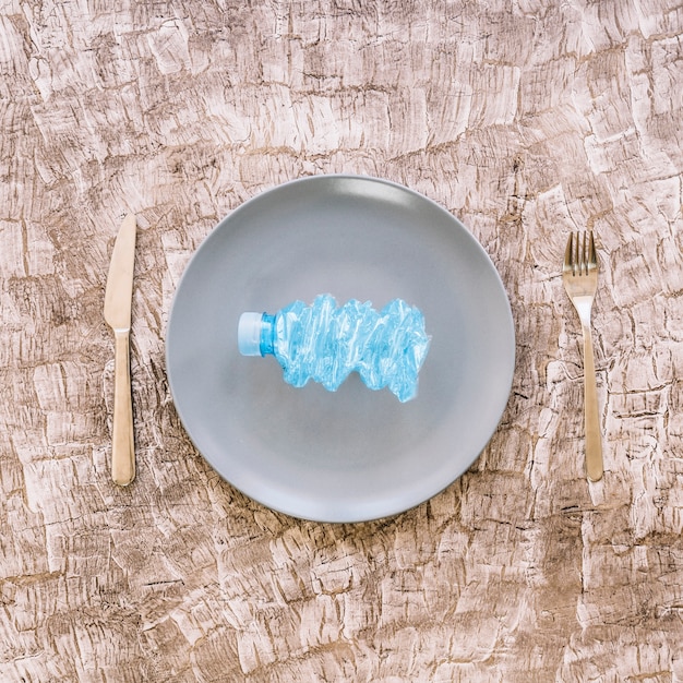 Elevated view of crumpled plastic bottle on plate between fork and kitchen knife