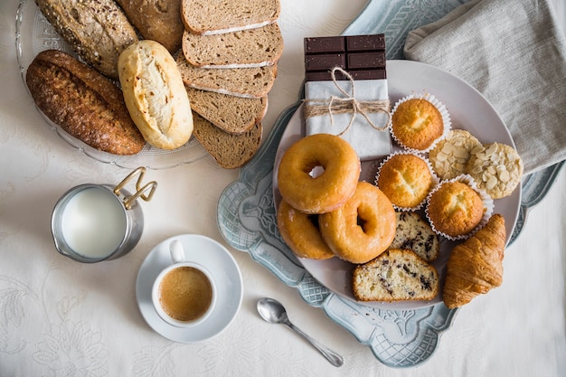 Elevated view of delicious breakfast on table top