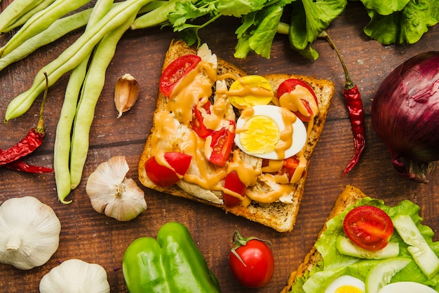 Free photo elevated view of delicious sandwich with different healthy vegetables