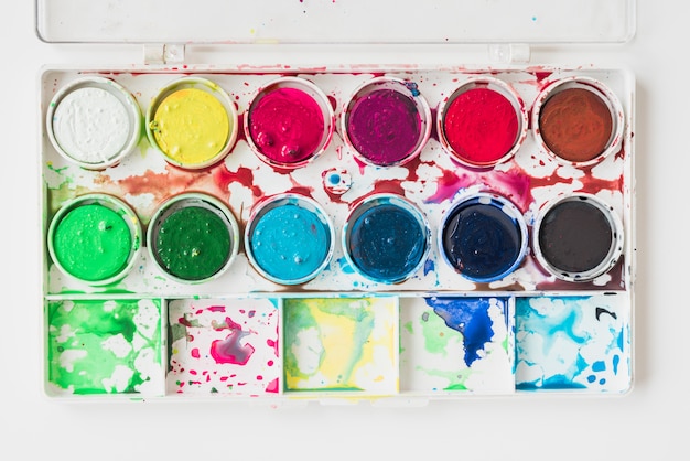 Elevated view of a messy wet water color paint box