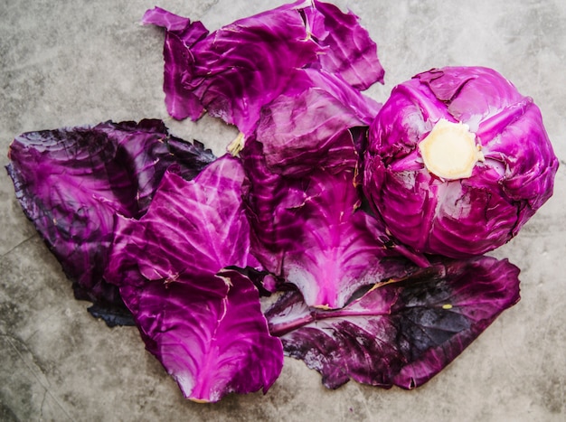 Free Photo elevated view of purple cabbage on floor