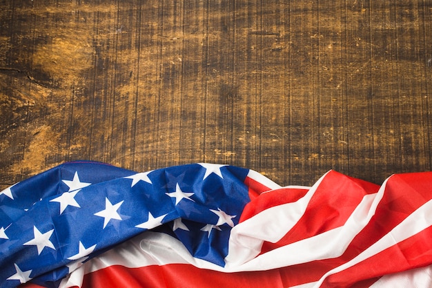 An elevated view of usa american flag on wooden surface