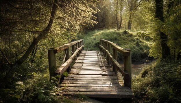 Elevated walkway through dark tropical rainforest wilderness generated by AI