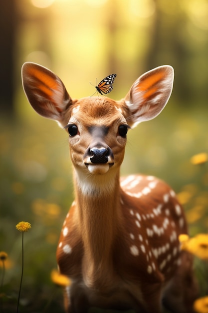 Free photo elk calf in nature with butterfly