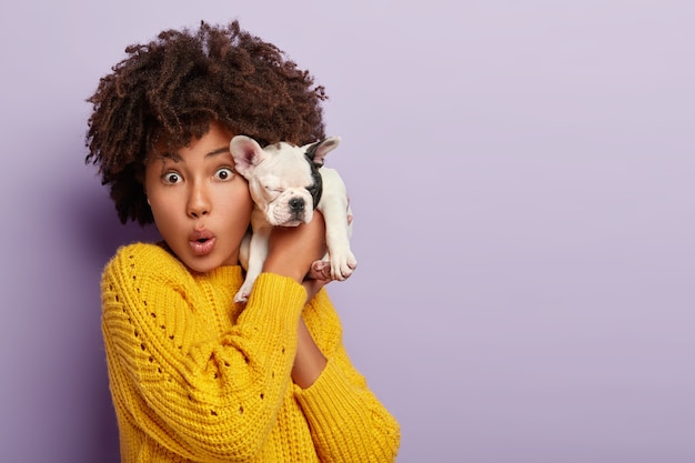 Free Photo emotional dark skinned woman founds new vet clinic for dog, has shocked facial expression