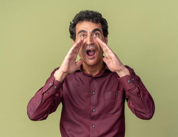 Emotional senior man in purple shirt shouting with hands near mouth standing over green