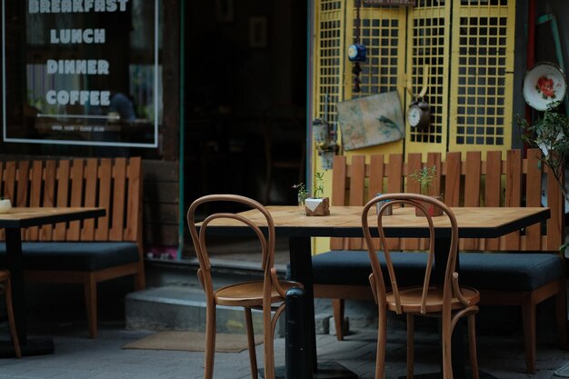 Empty cafe on the street Terrace with chairs and tables for guests