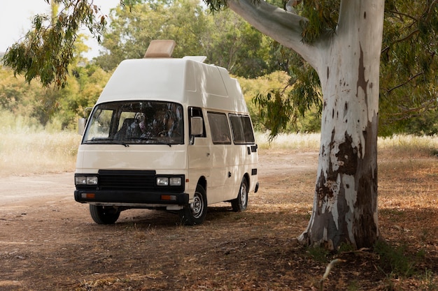 Empty campervan near tall tree