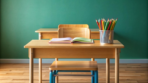 Free photo empty classroom desk with book and colored pencils