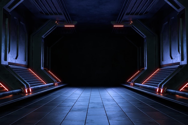 Empty dark room, Modern Futuristic Sci Fi Background. 3D illustration