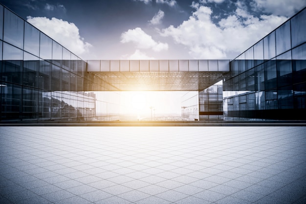 Empty floor with modern business office building