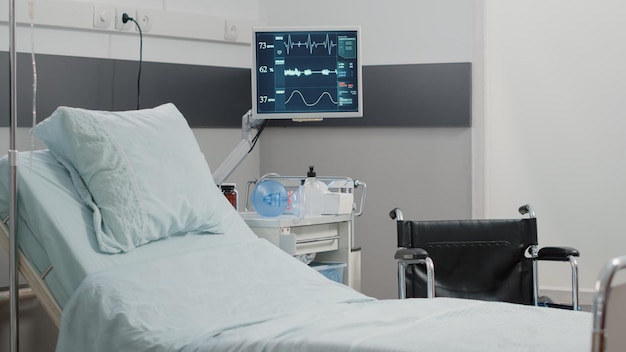 Empty hospital ward with heart rate monitor and bed for healthcare and recovery. Nobody in emergency room with medical equipment for intensive care patient. Reanimation room with tools