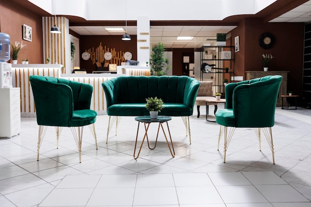 Empty lounge area in hotel lobby