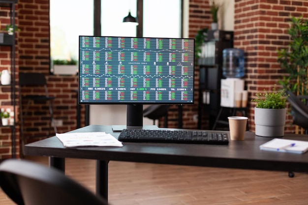 Free Photo empty office desk with stock market trend on computer, used for crypto currency investment and global economy. monitor with money rate analysis and financial graph to make exchange profit