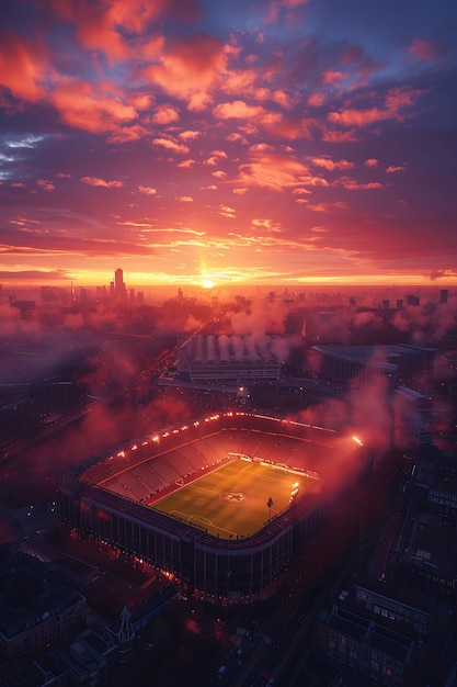 Empty soccer stadium with dreamy fantasy view of sky