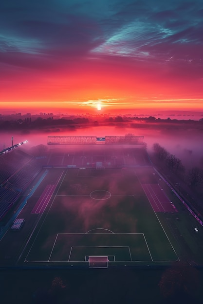 Free photo empty soccer stadium with dreamy fantasy view of sky