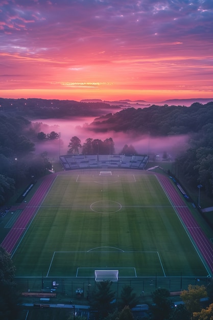 Free photo empty soccer stadium with dreamy fantasy view of sky